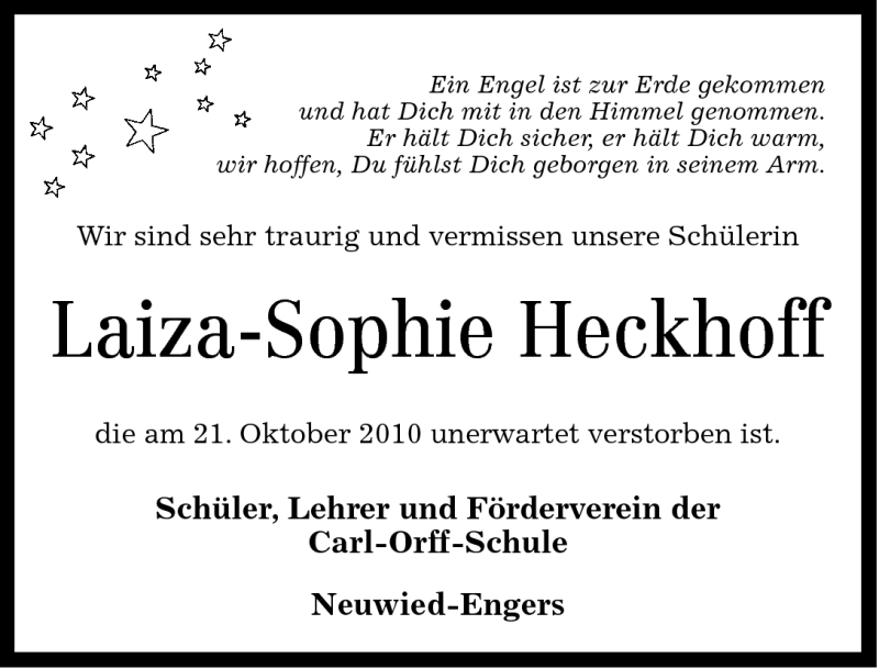  Traueranzeige für Laiza-Sophie Heckhoff vom 24.10.2010 aus Rhein-Zeitung