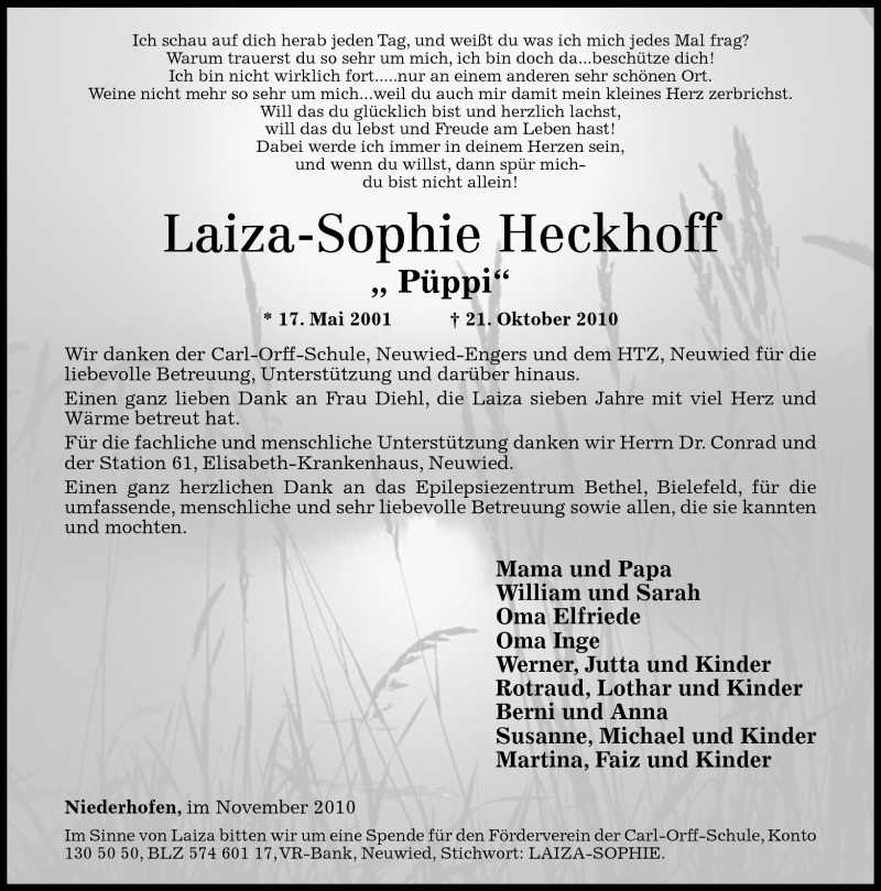  Traueranzeige für Laiza-Sophie Heckhoff vom 24.10.2010 aus Rhein-Zeitung