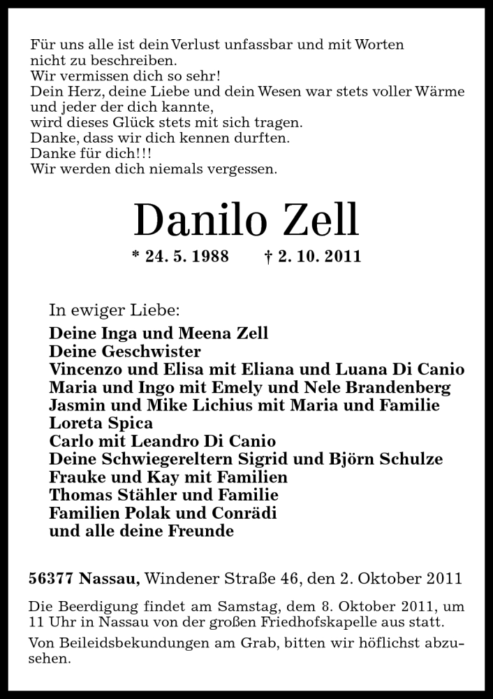  Traueranzeige für Danilo Zell vom 06.10.2011 aus Rhein-Lahn-Zeitung
