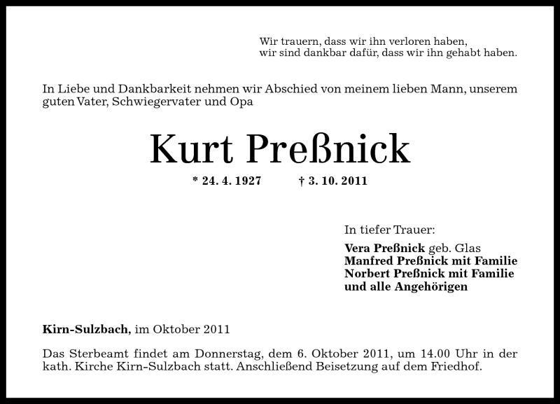  Traueranzeige für Kurt Preßnick vom 05.10.2011 aus Oeffentlicher Anzeiger