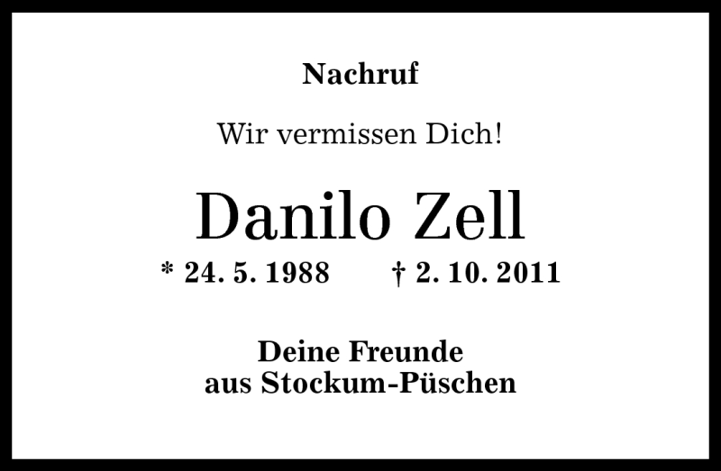  Traueranzeige für Danilo Zell vom 07.10.2011 aus Rhein-Lahn-Zeitung