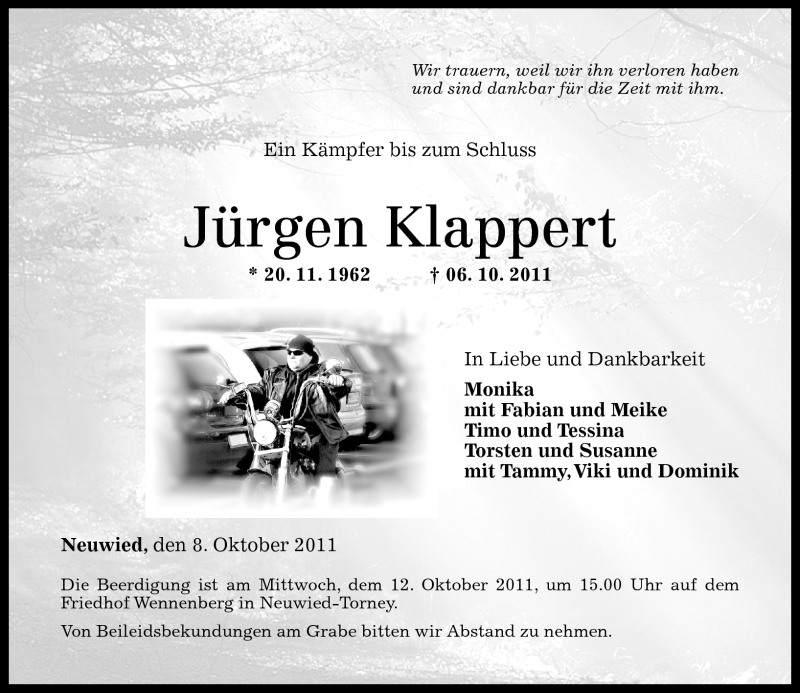  Traueranzeige für Jürgen Klappert vom 08.10.2011 aus Rhein-Zeitung