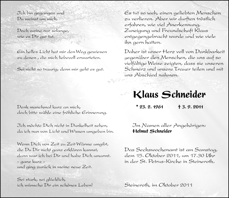  Traueranzeige für Klaus Schneider vom 11.10.2011 aus Rhein-Zeitung
