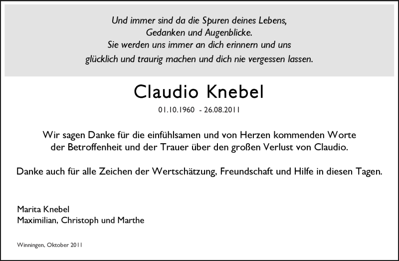  Traueranzeige für Claudio Knebel vom 15.10.2011 aus Rhein-Zeitung
