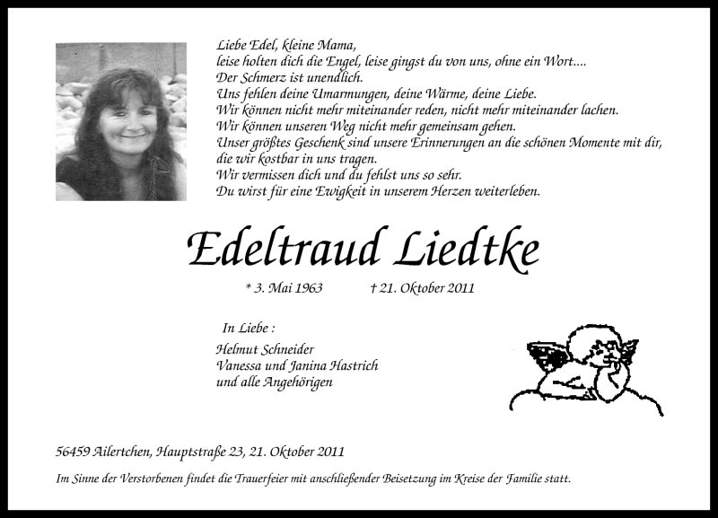  Traueranzeige für Edeltraud Liedtke vom 29.10.2011 aus Westerwälder Zeitung