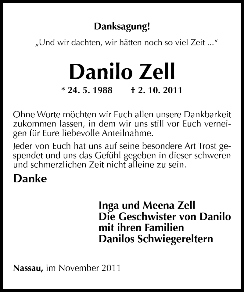  Traueranzeige für Danilo Zell vom 02.11.2011 aus Rhein-Lahn-Zeitung