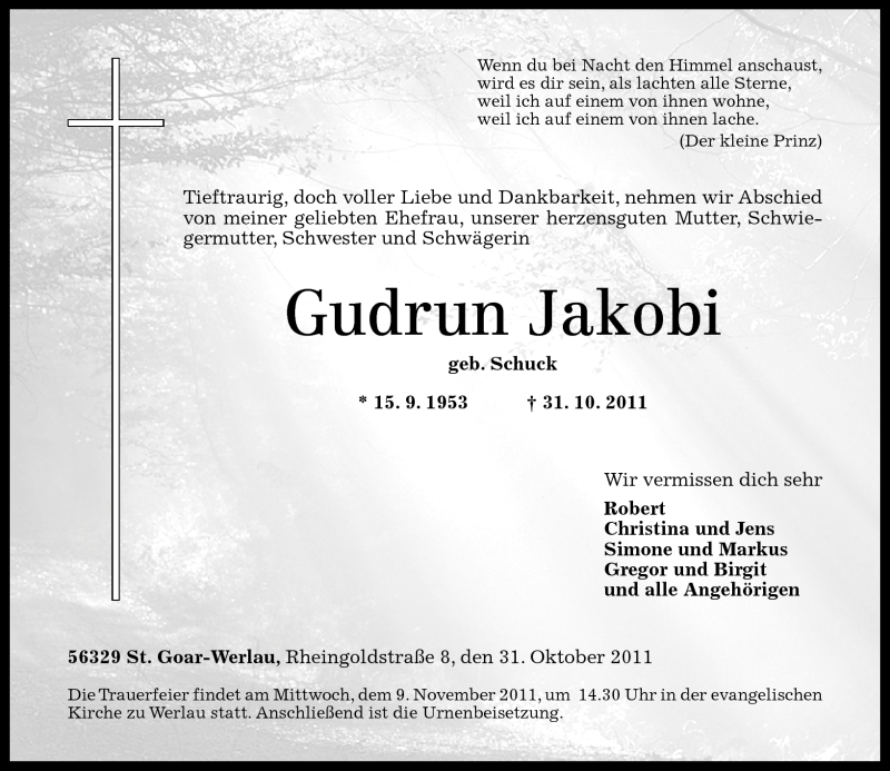  Traueranzeige für Gudrun Jakobi vom 05.11.2011 aus Rhein-Zeitung