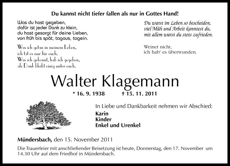  Traueranzeige für Walter Klagemann vom 17.11.2011 aus Westerwälder Zeitung