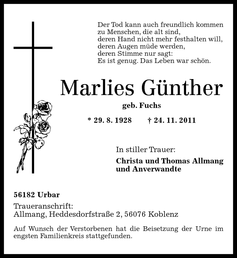  Traueranzeige für Marlies Günther vom 03.12.2011 aus Rhein-Zeitung