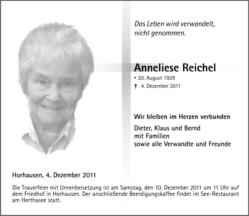  Traueranzeige für Anneliese Reichel vom 08.12.2011 aus Rhein-Lahn-Zeitung