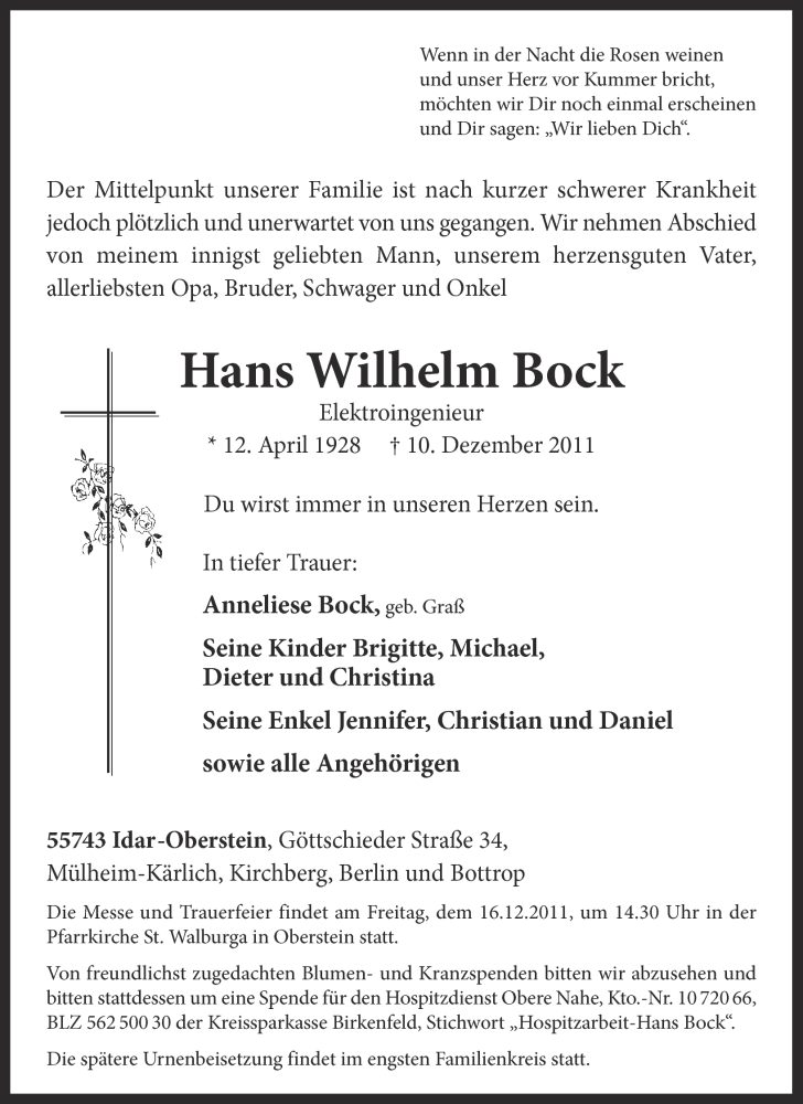  Traueranzeige für Hans Wilhelm Bock vom 13.12.2011 aus Rhein-Zeitung