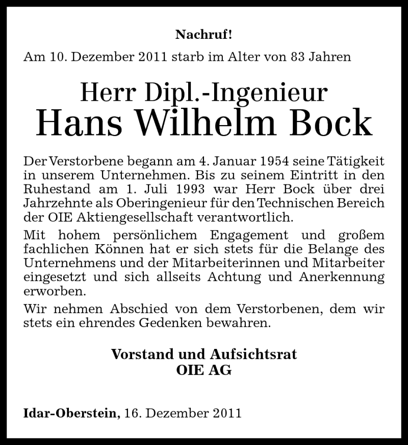  Traueranzeige für Hans Wilhelm Bock vom 17.12.2011 aus Nahe-Zeitung