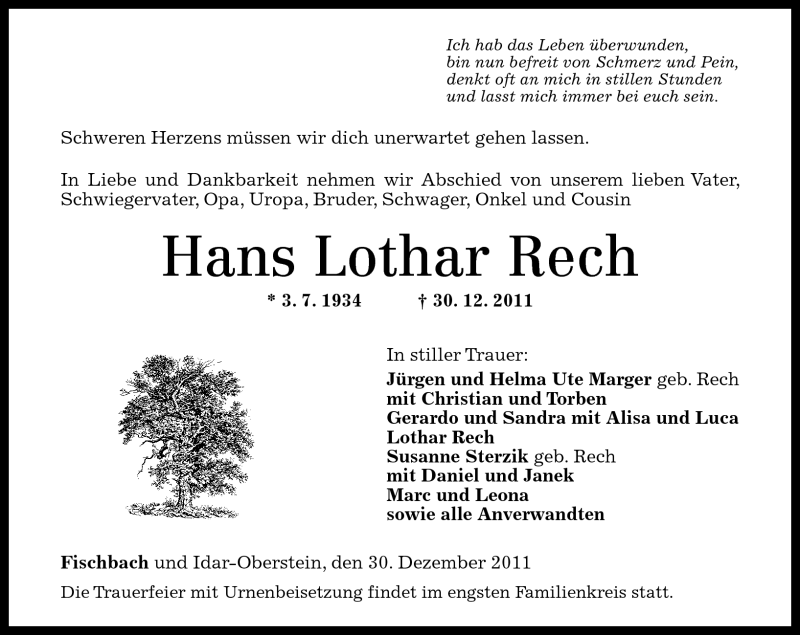  Traueranzeige für Hans Lothar Rech vom 31.12.2011 aus Nahe-Zeitung