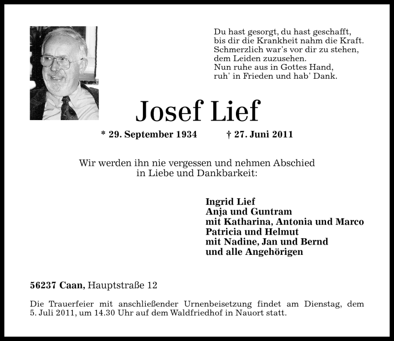  Traueranzeige für Josef Lief vom 02.07.2011 aus Rhein-Zeitung