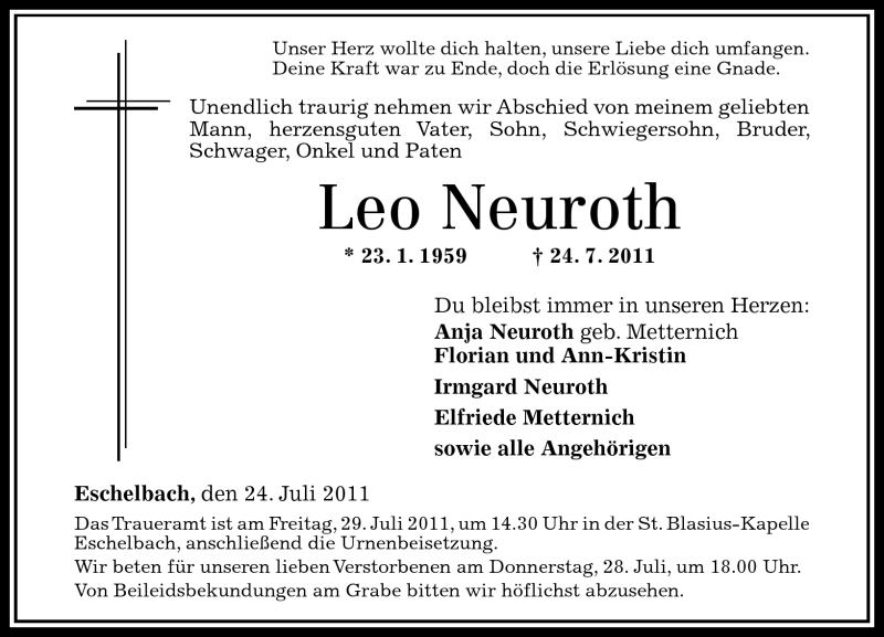  Traueranzeige für Leo Neuroth vom 27.07.2011 aus Westerwälder Zeitung