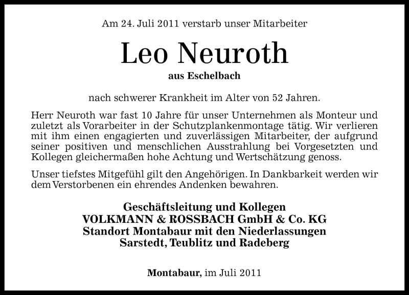  Traueranzeige für Leo Neuroth vom 28.07.2011 aus Westerwälder Zeitung