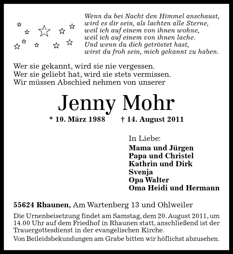  Traueranzeige für Jenny Mohr vom 16.08.2011 aus Rhein-Hunsrück-Zeitung