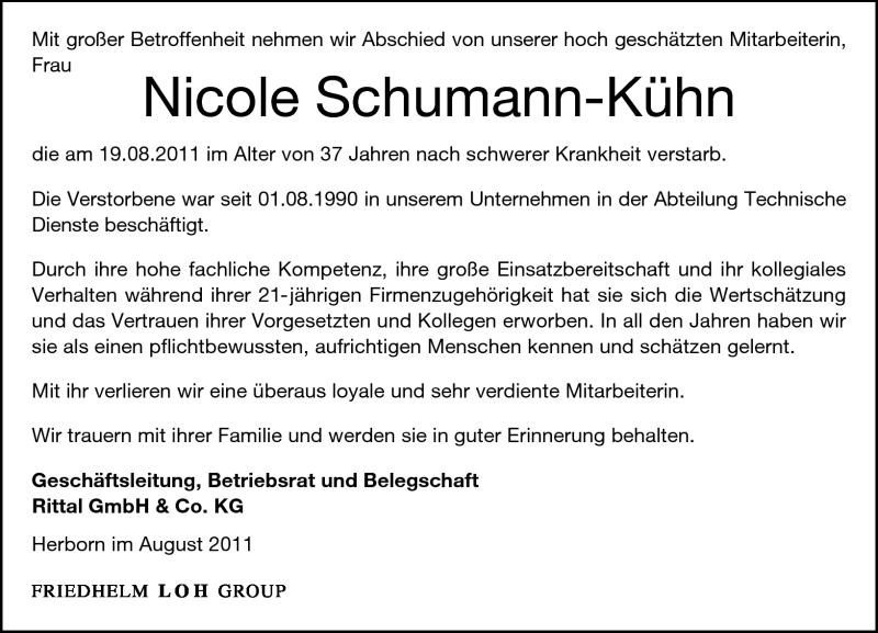  Traueranzeige für Nicole Schumann-Kühn vom 24.08.2011 aus Rhein-Zeitung