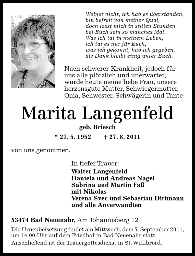  Traueranzeige für Marita Langenfeld vom 31.08.2011 aus Rhein-Zeitung