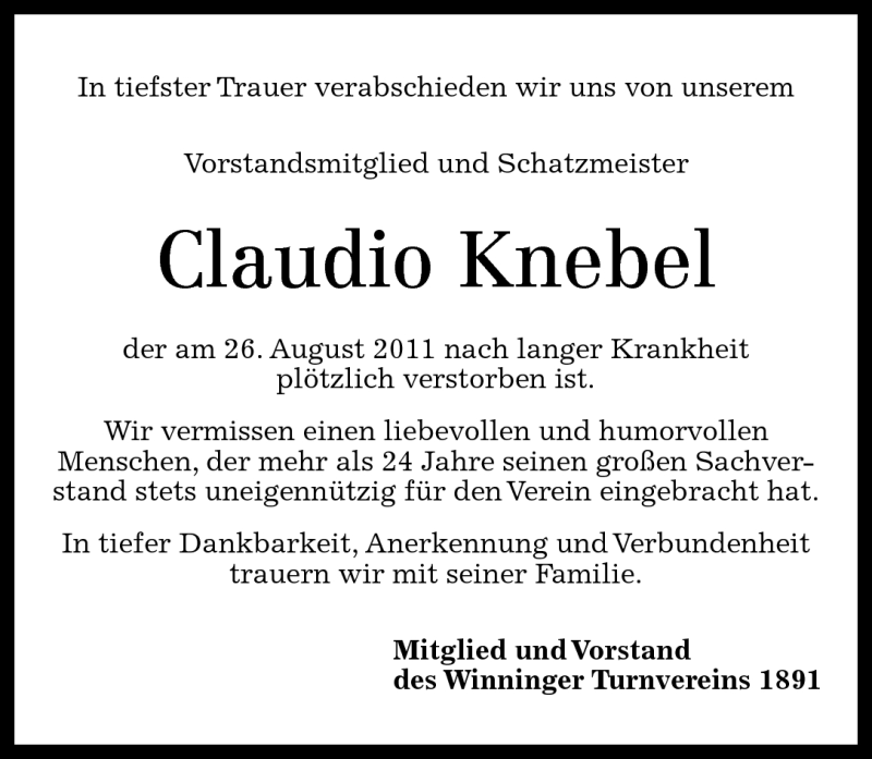  Traueranzeige für Claudio Knebel vom 31.08.2011 aus Rhein-Zeitung