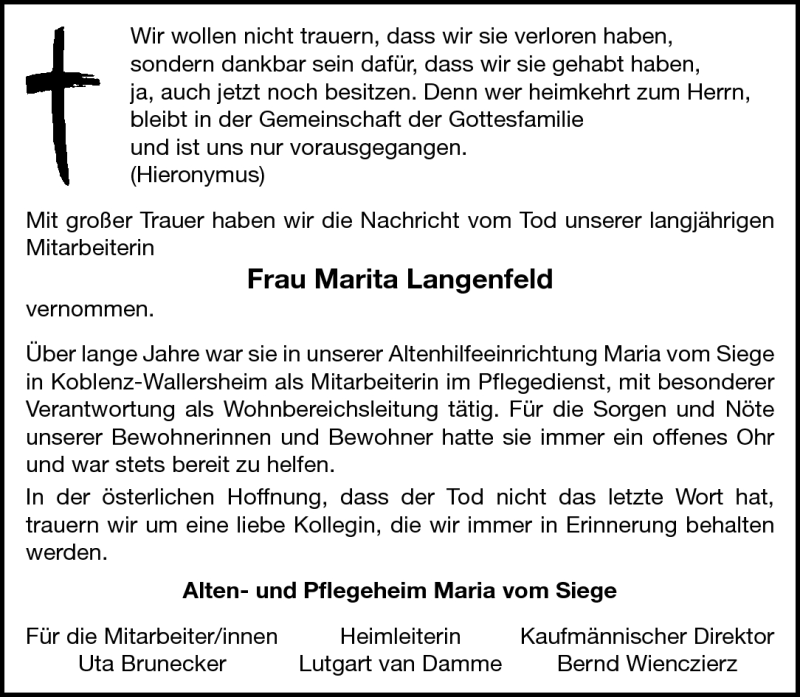  Traueranzeige für Marita Langenfeld vom 03.09.2011 aus Rhein-Zeitung