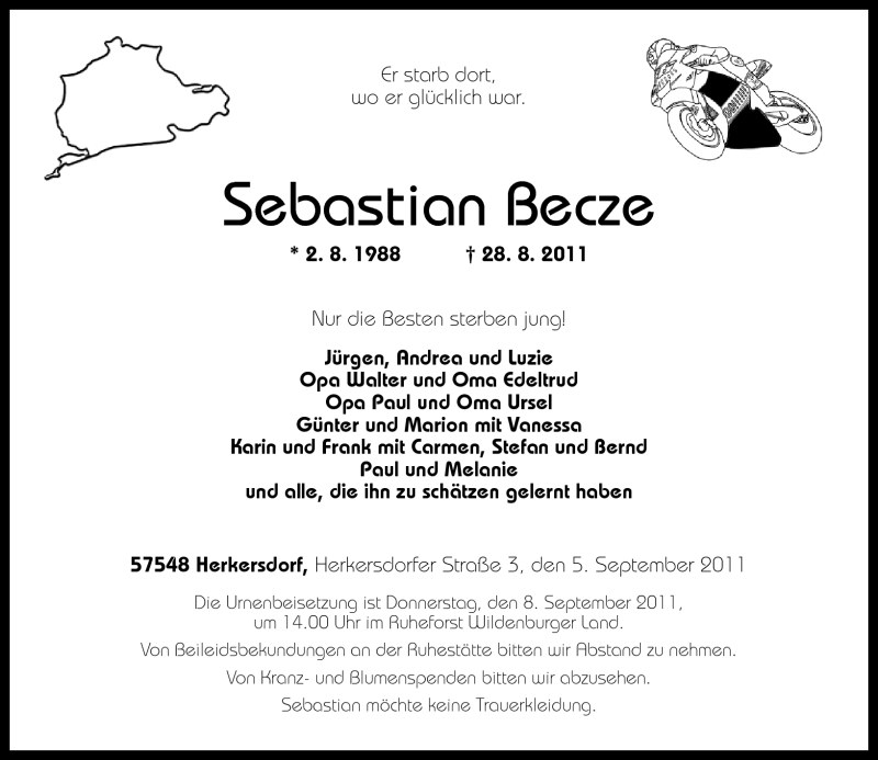  Traueranzeige für Sebastian Becze vom 05.09.2011 aus Rhein-Zeitung