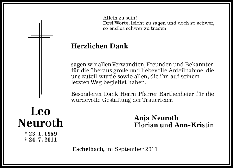  Traueranzeige für Leo Neuroth vom 03.09.2011 aus Westerwälder Zeitung