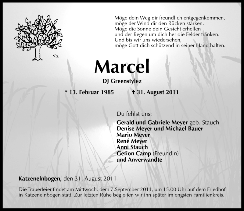  Traueranzeige für Marcel (DJ Greenstylez)  vom 05.09.2011 aus Rhein-Lahn-Zeitung