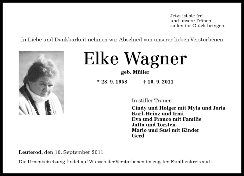  Traueranzeige für Elke Wagner vom 14.09.2011 aus Westerwälder Zeitung
