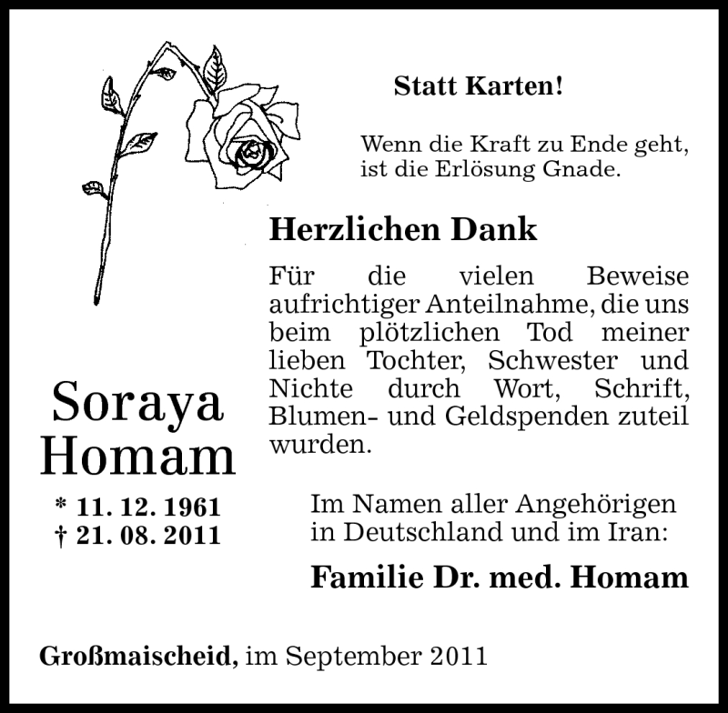  Traueranzeige für Soraya Homam vom 24.09.2011 aus Rhein-Zeitung