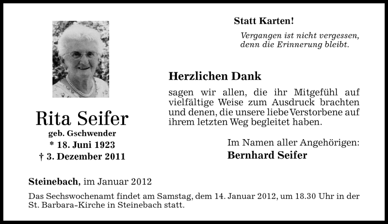  Traueranzeige für Rita Seifer vom 07.01.2012 aus Rhein-Zeitung
