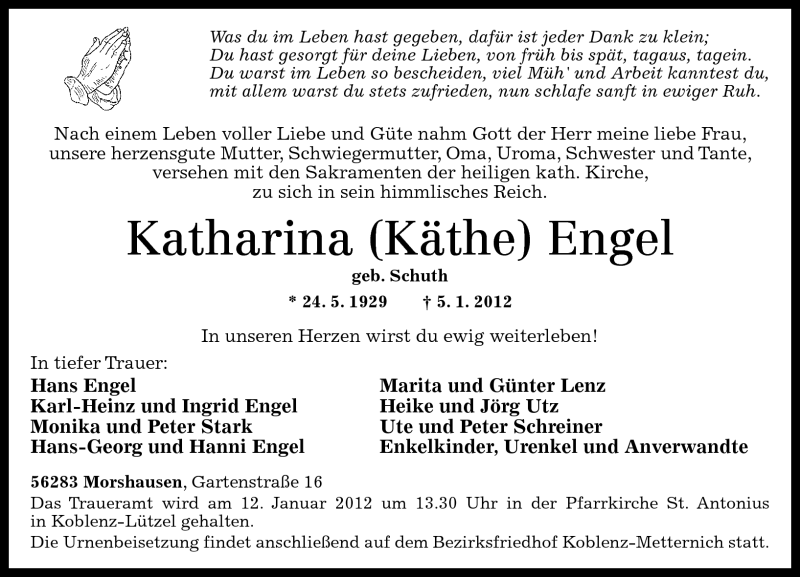  Traueranzeige für Katharina Engel vom 10.01.2012 aus Rhein-Hunsrück-Zeitung