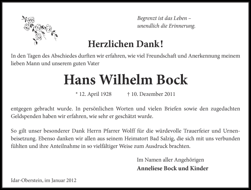  Traueranzeige für Hans Wilhelm Bock vom 21.01.2012 aus Rhein-Zeitung