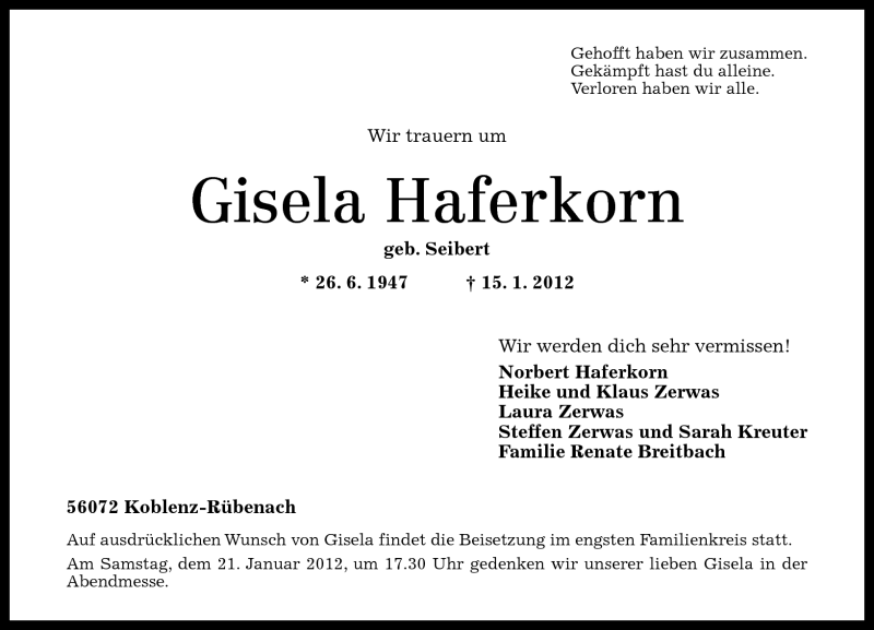  Traueranzeige für Gisela Haferkorn vom 18.01.2012 aus Rhein-Zeitung