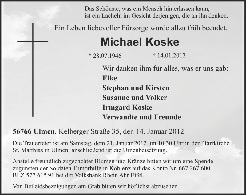  Traueranzeige für Michael Koske vom 18.01.2012 aus Rhein-Zeitung