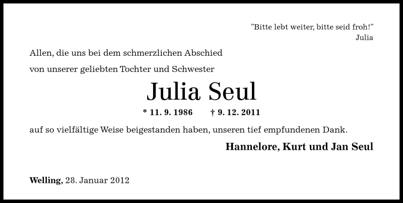  Traueranzeige für Julia Seul vom 28.01.2012 aus Rhein-Zeitung