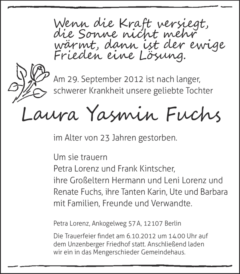  Traueranzeige für Laura Yasmin Fuchs vom 04.10.2012 aus Rhein-Hunsrück-Zeitung