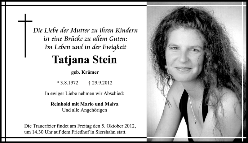  Traueranzeige für Tatjana Stein vom 04.10.2012 aus Westerwälder Zeitung