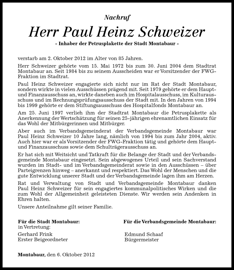  Traueranzeige für Paul Heinz Schweizer vom 06.10.2012 aus Westerwälder Zeitung