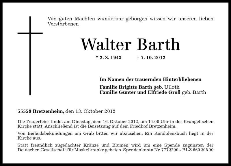  Traueranzeige für Walter Barth vom 13.10.2012 aus Oeffentlicher Anzeiger