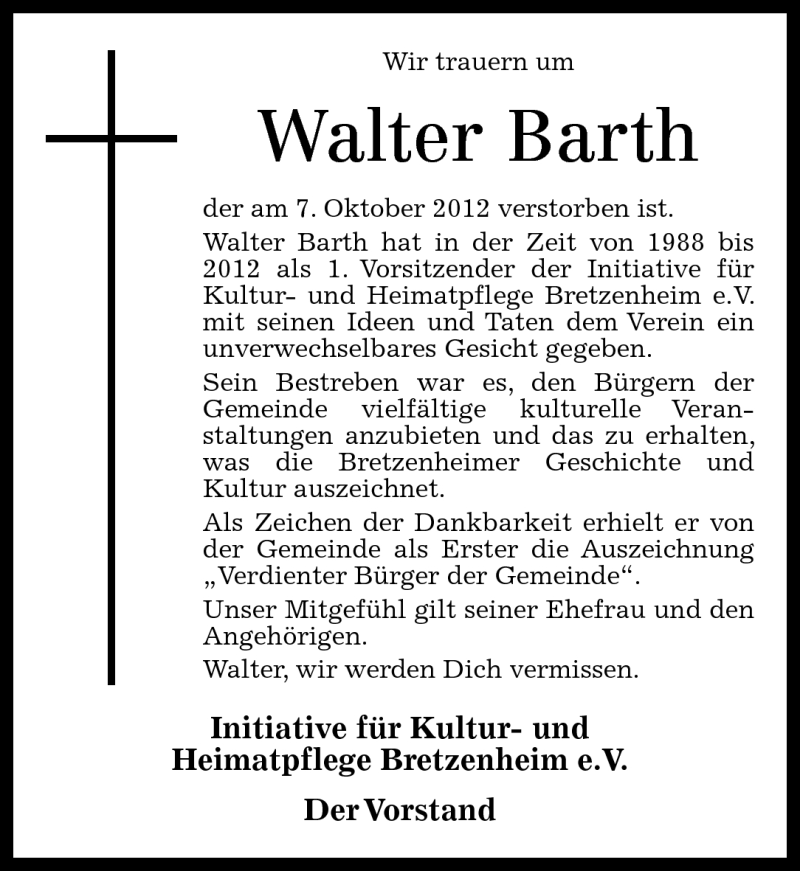  Traueranzeige für Walter Barth vom 16.10.2012 aus Oeffentlicher Anzeiger