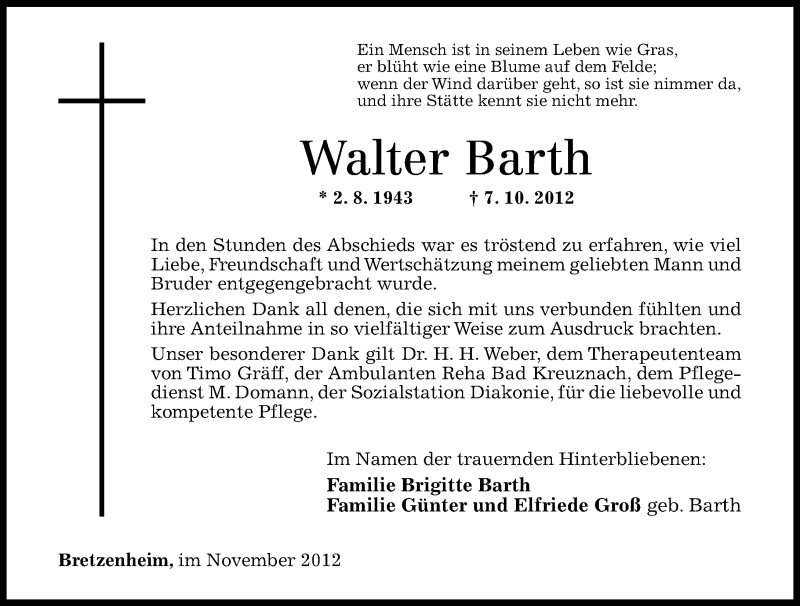  Traueranzeige für Walter Barth vom 17.11.2012 aus Oeffentlicher Anzeiger