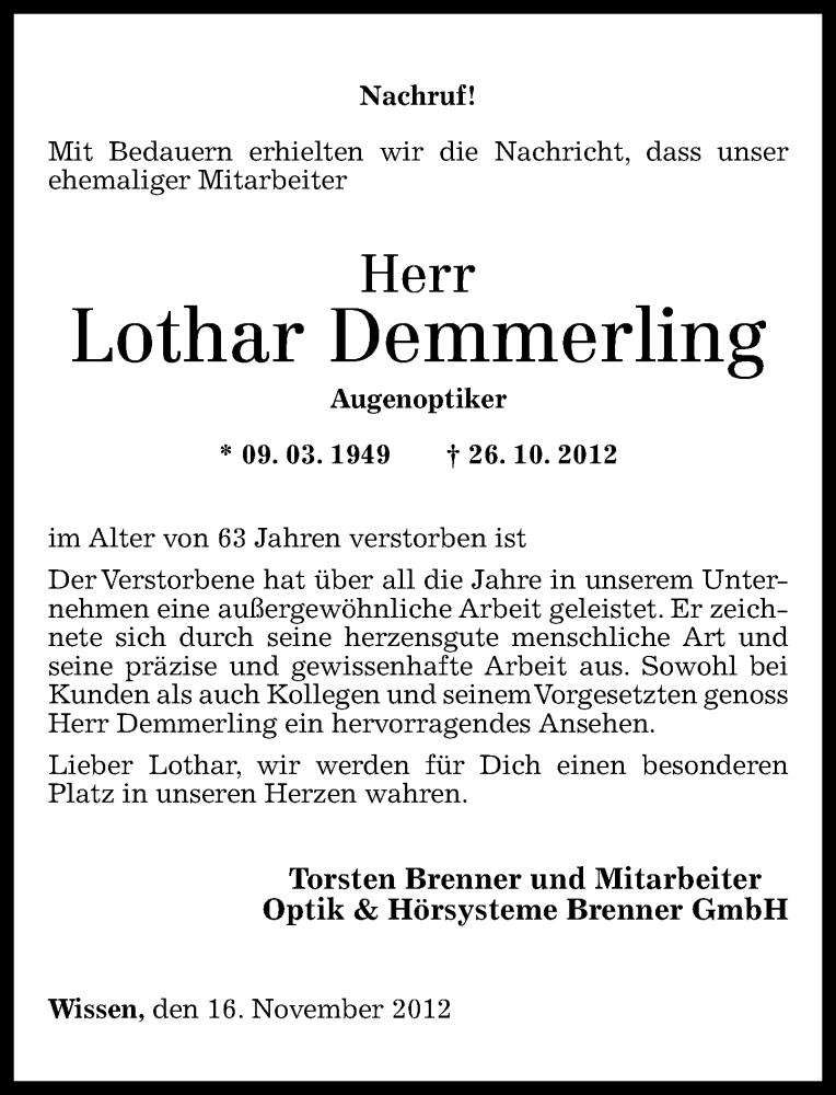  Traueranzeige für Lothar Demmerling vom 17.11.2012 aus Rhein-Zeitung