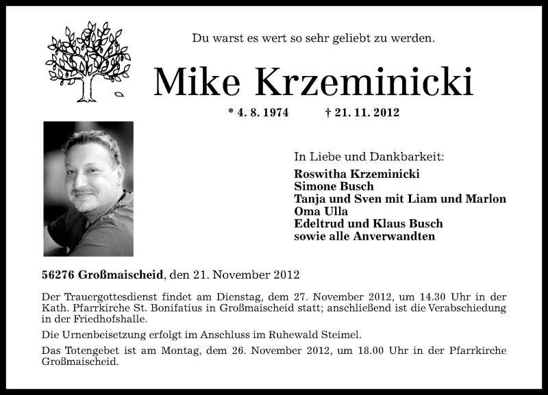  Traueranzeige für Mike Krzeminicki vom 24.11.2012 aus Rhein-Zeitung