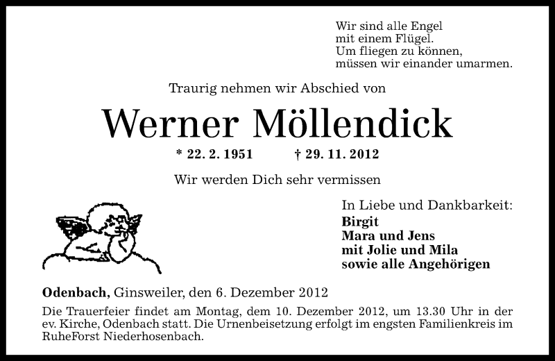  Traueranzeige für Werner Möllendick vom 06.12.2012 aus Oeffentlicher Anzeiger