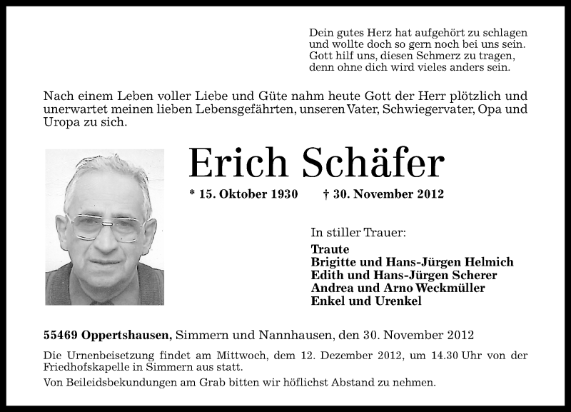  Traueranzeige für Erich Schäfer vom 08.12.2012 aus Rhein-Hunsrück-Zeitung