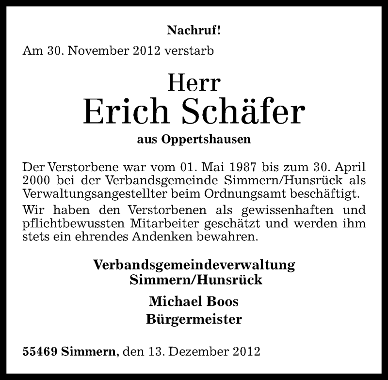  Traueranzeige für Erich Schäfer vom 13.12.2012 aus Rhein-Hunsrück-Zeitung