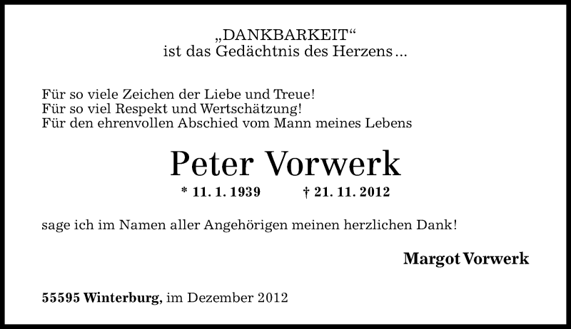  Traueranzeige für Peter Vorwerk vom 15.12.2012 aus Oeffentlicher Anzeiger