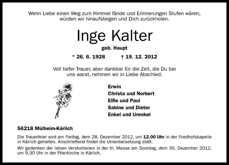  Traueranzeige für Inge Kalter vom 22.12.2012 aus Rhein-Zeitung