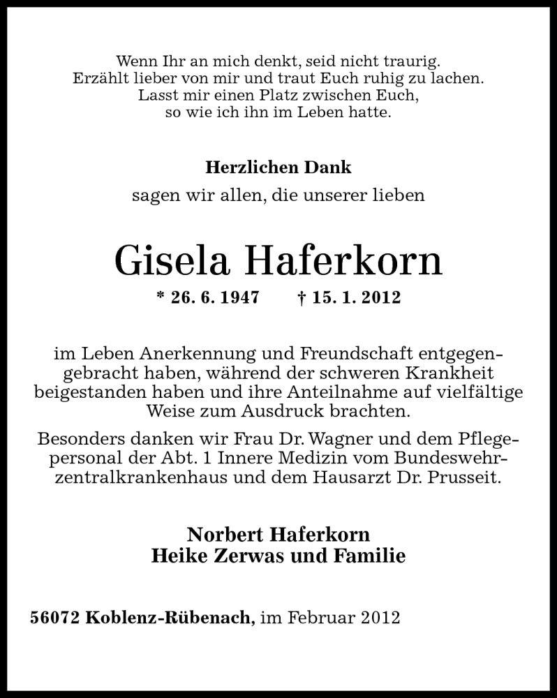  Traueranzeige für Gisela Haferkorn vom 25.02.2012 aus Rhein-Zeitung